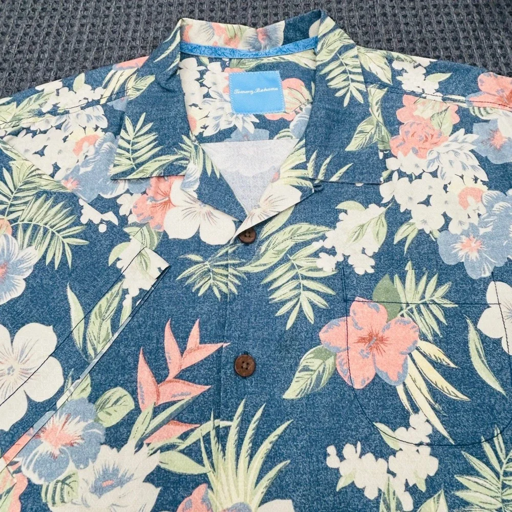 Tommy Bahama Silk Camp Shirt Mens XXL Blue Tropical Floral Hawaiian Resort Aloha